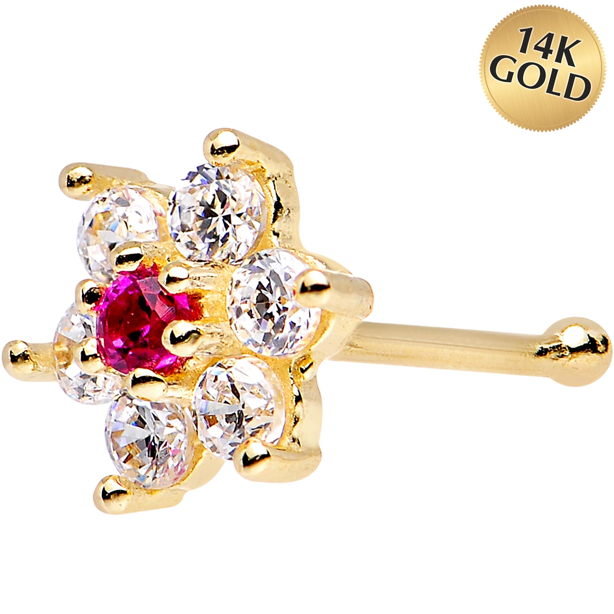 BodyCandy Solid 14K Yellow GOLD Fuchsia CZ FLOWER Nose Stud — main product shot