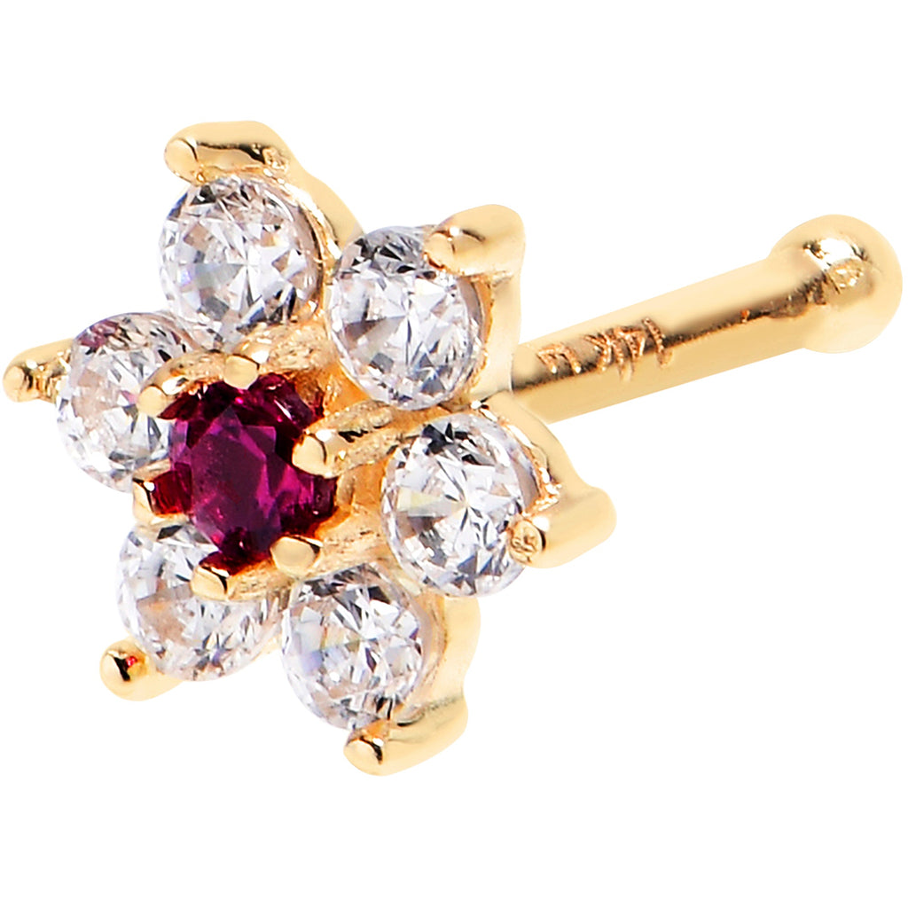 BodyCandy Solid 14K Yellow GOLD Fuchsia CZ FLOWER Nose Stud — side view