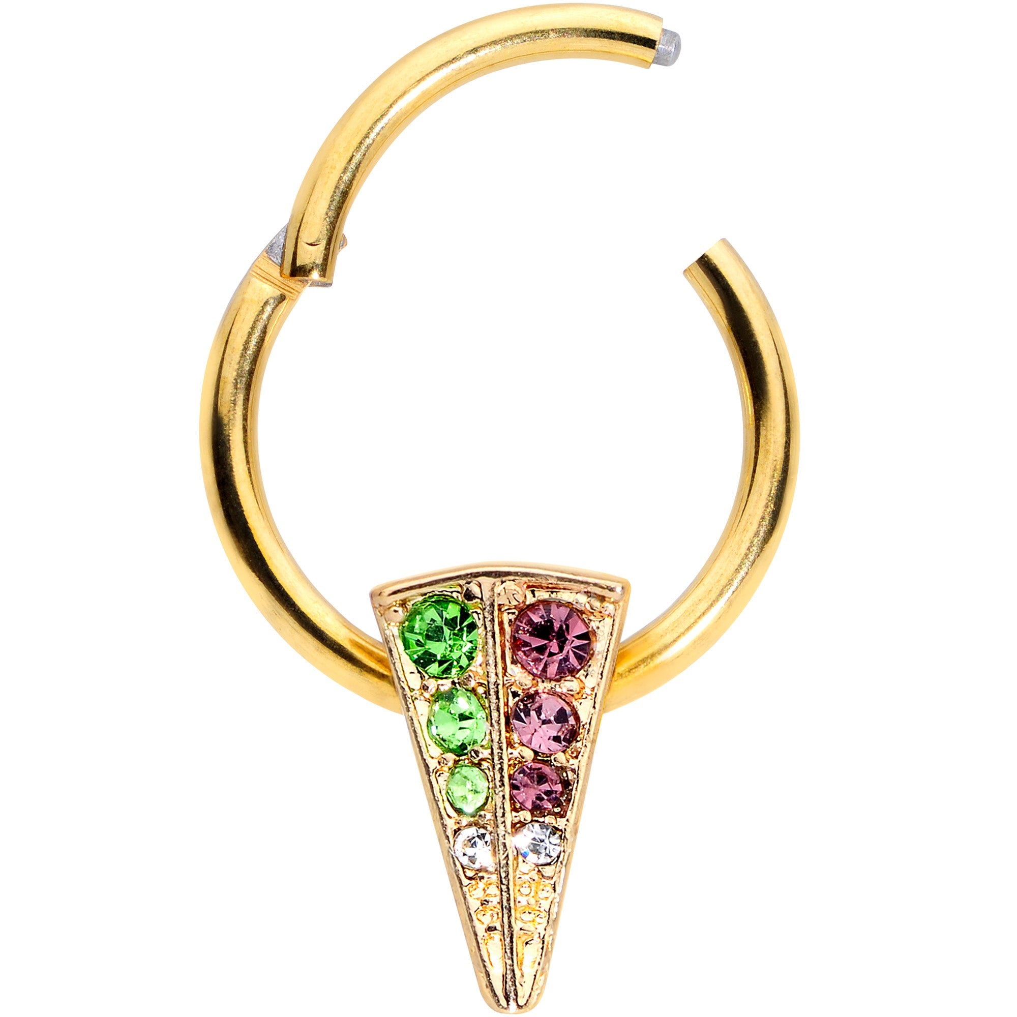 BodyCandy 16G 3//8 Pink Green Gem Gold Tone Triangle Hinged Segment Ring — detail close-up
