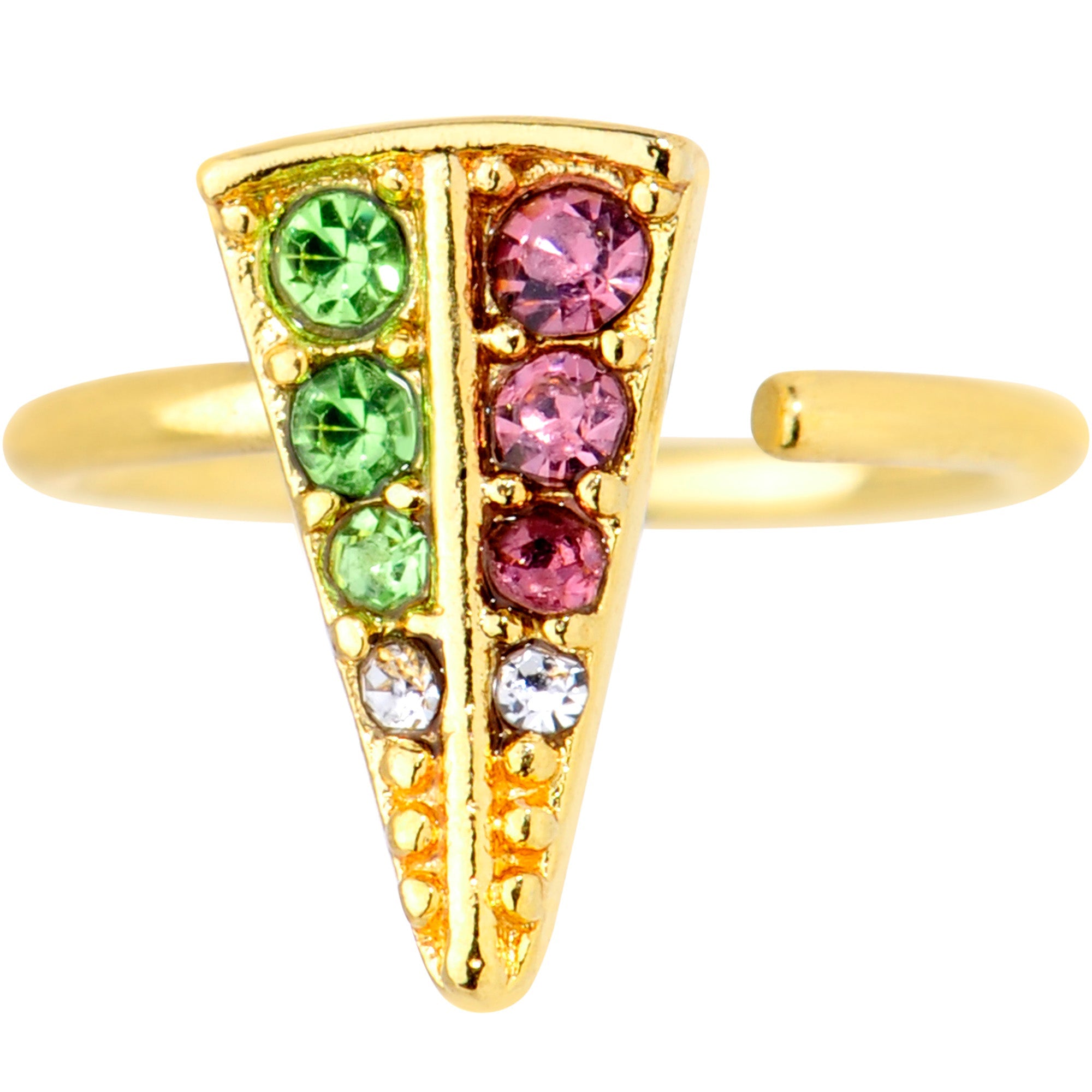 BodyCandy 18G 3/8 Pink Green Gem Gold Tone Triangle Nose Hoop — detail close-up