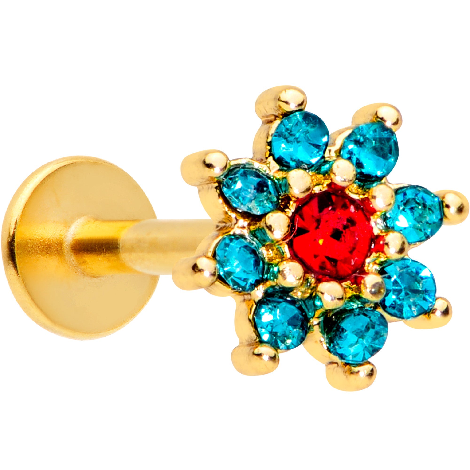 BodyCandy 16G 3/8 Red Green Gem Gold Tone Christmas Flower Labret Tragus — main product shot