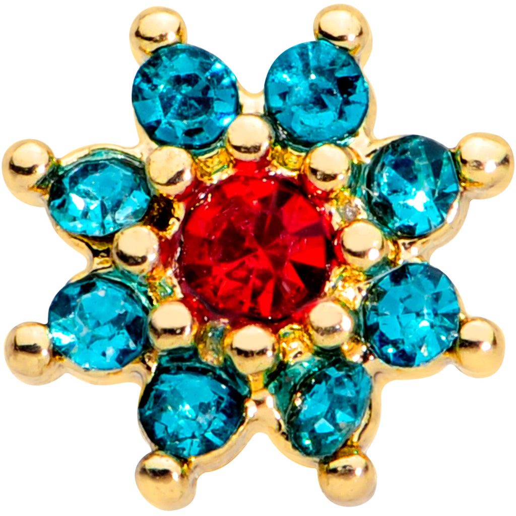 BodyCandy 16G 3/8 Red Green Gem Gold Tone Christmas Flower Labret Tragus — detail close-up