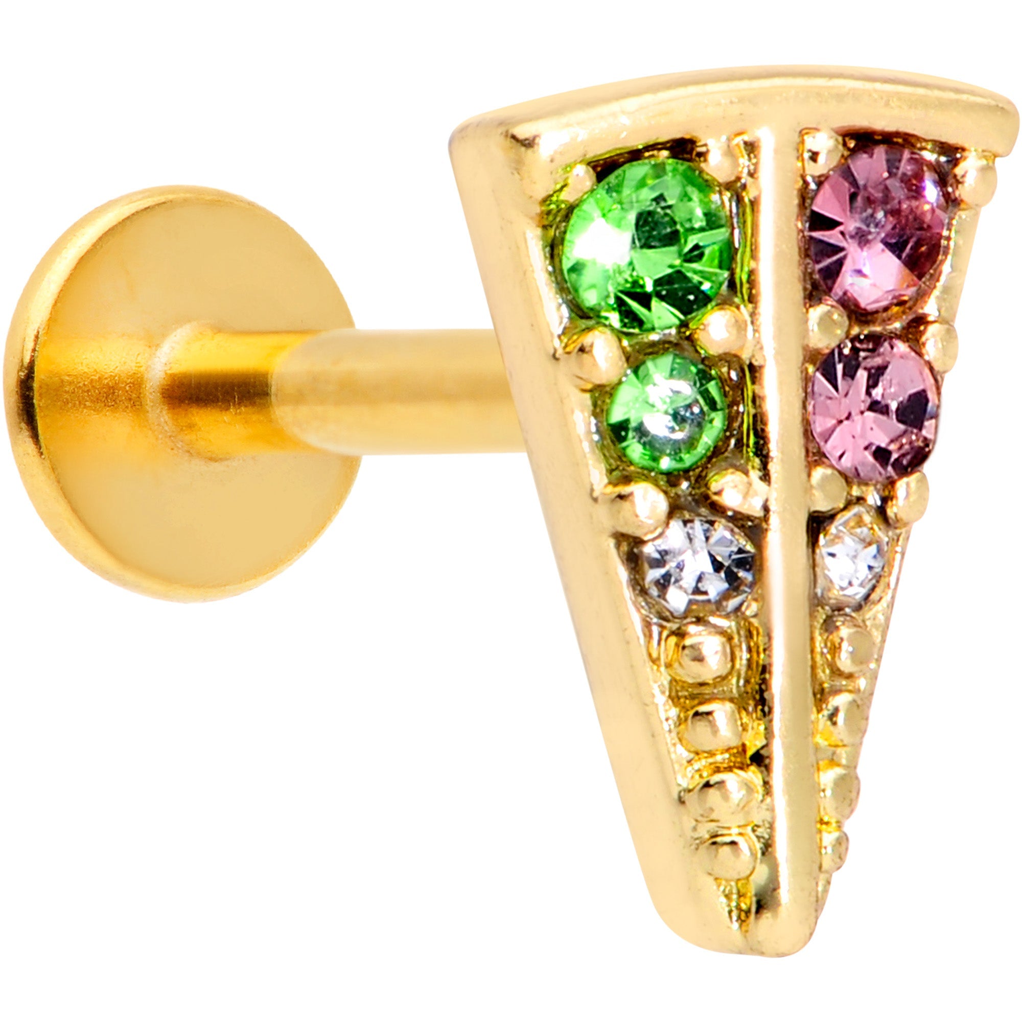 BodyCandy 16G 3/8 Pink Green Gem Gold Tone Triangle Labret Monroe Tragus — main product shot