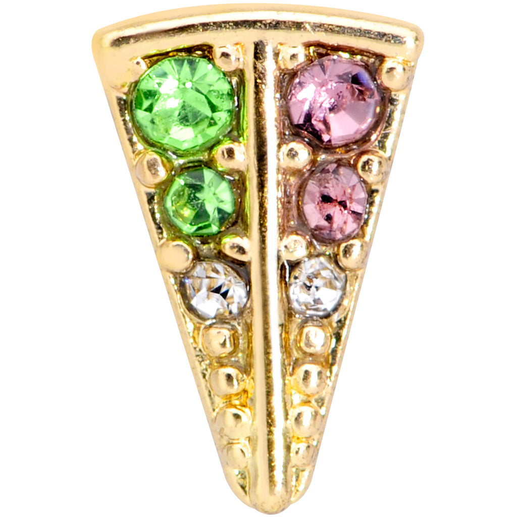 BodyCandy 16G 3/8 Pink Green Gem Gold Tone Triangle Labret Monroe Tragus — detail close-up