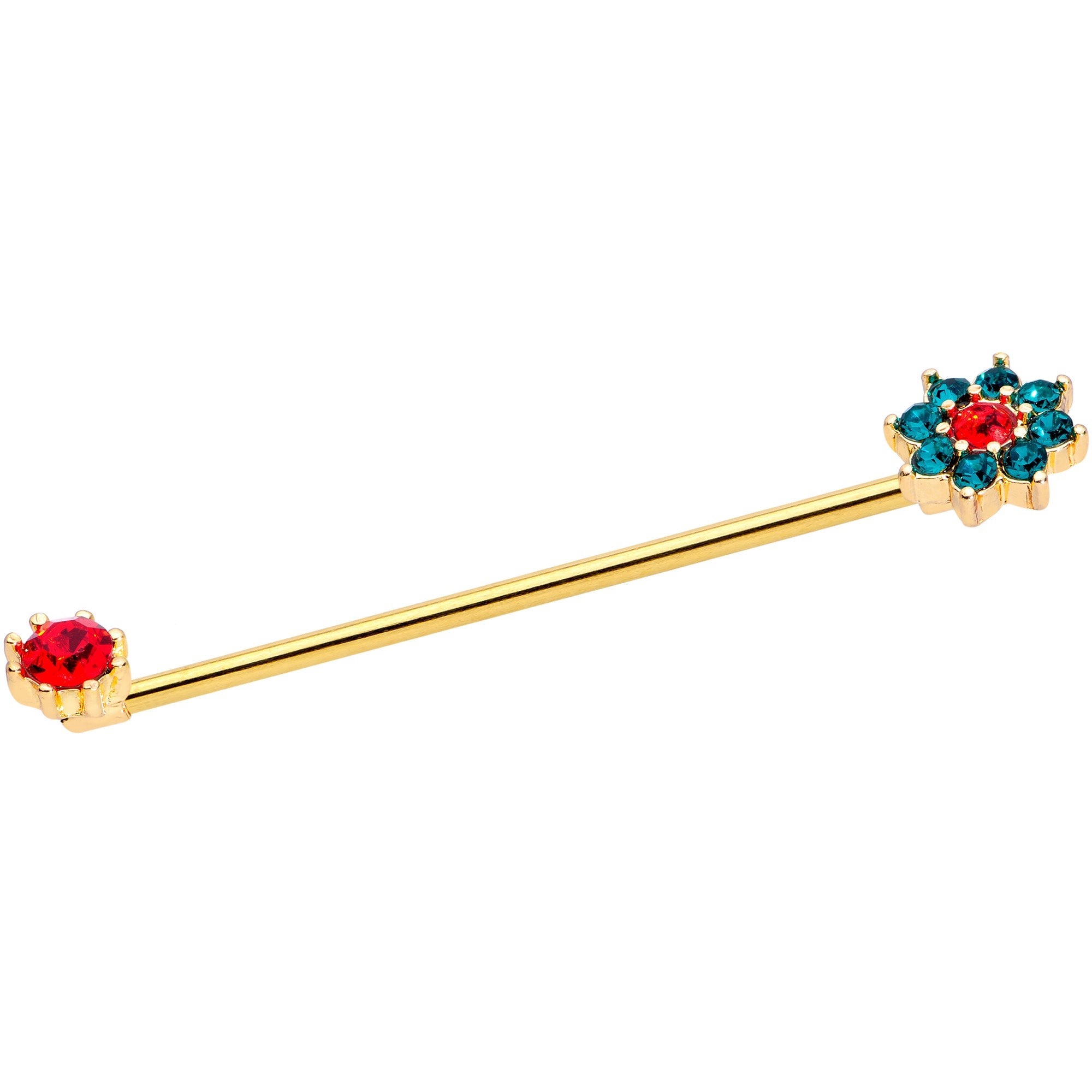 BodyCandy 14G Green Red Gem Christmas Flower Industrial Barbell 38mm — detail close-up