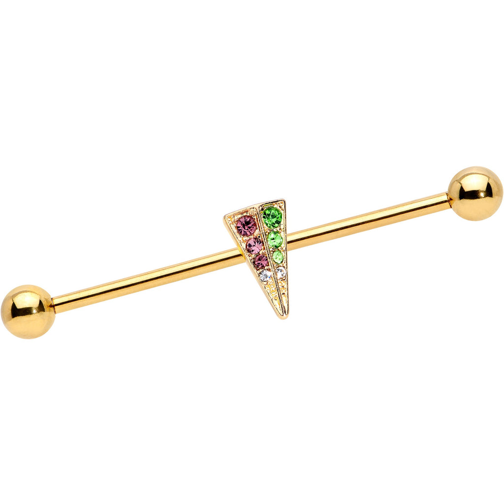 BodyCandy 14G Pink Green Gem Gold Tone Triangle Industrial Barbell 38mm — main product shot