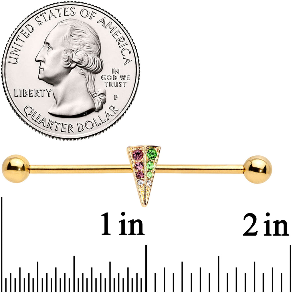 BodyCandy 14G Pink Green Gem Gold Tone Triangle Industrial Barbell 38mm — detail close-up