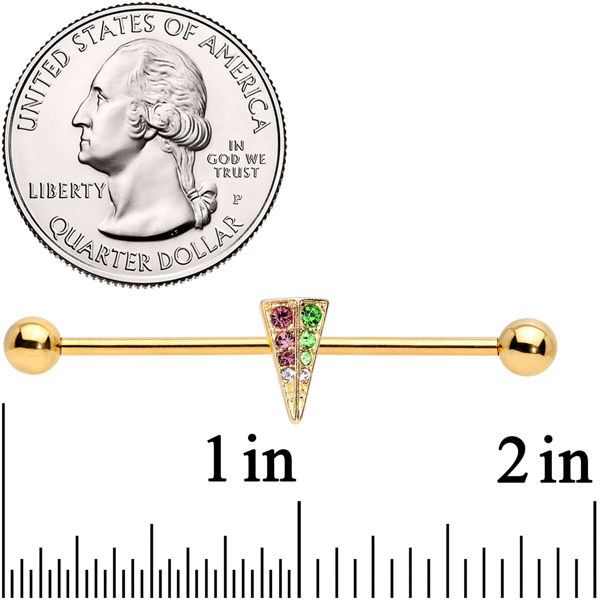 BodyCandy 14G Pink Green Gem Gold Tone Triangle Industrial Barbell 38mm — detail close-up