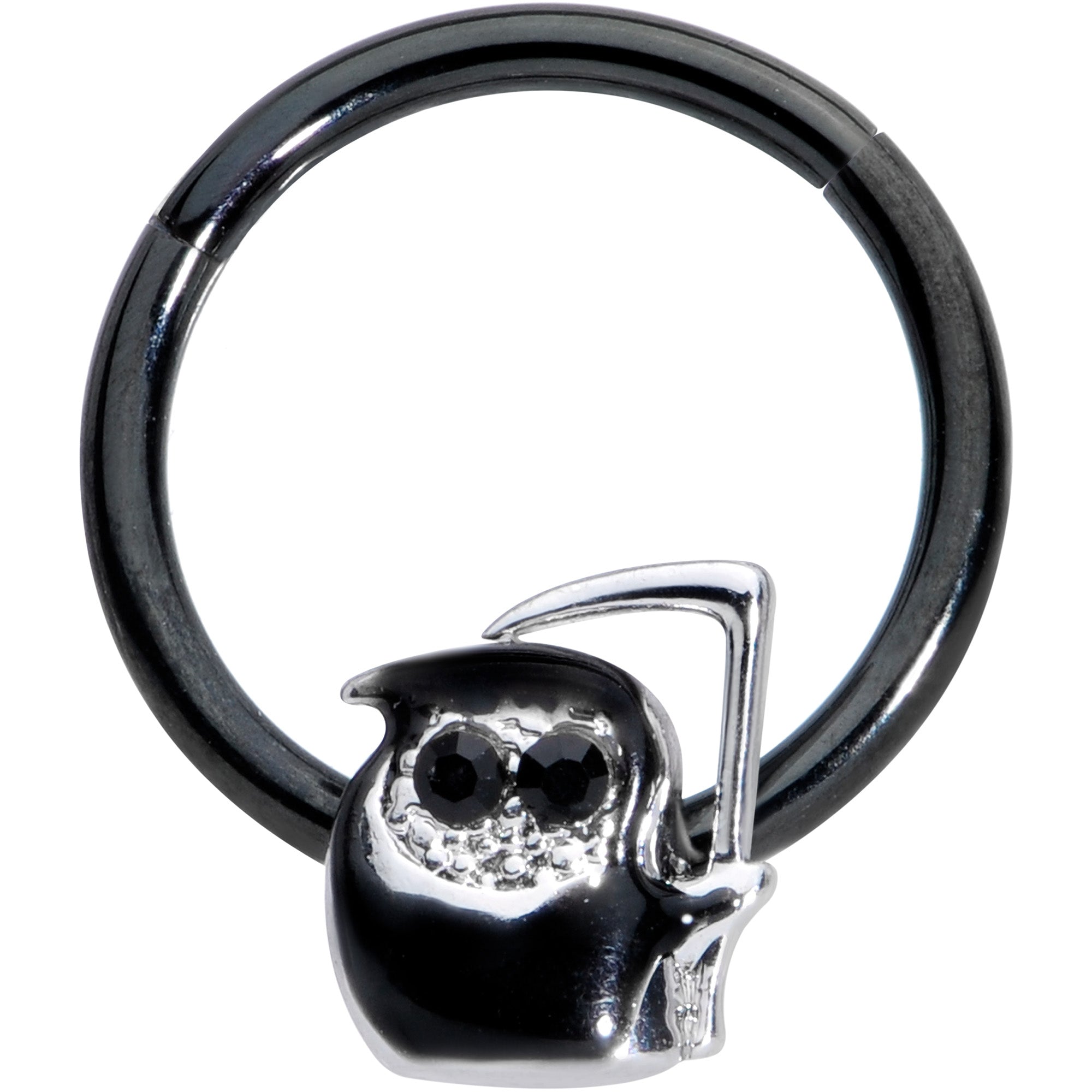 BodyCandy 16G 3/8 Black Gem Grim Reaper Halloween Hinged Segment Ring — main product shot