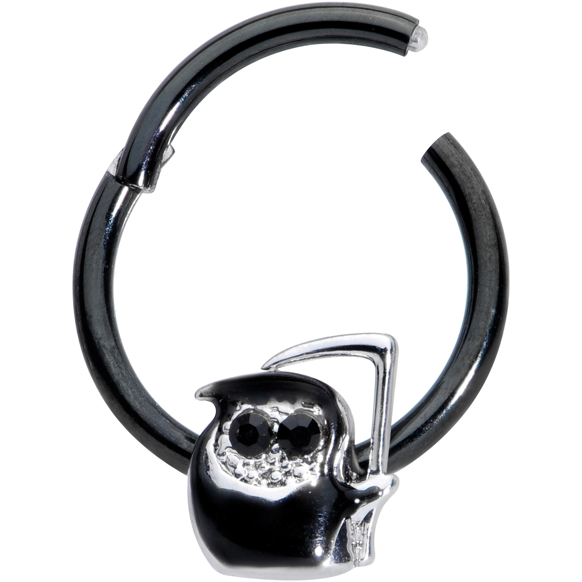 BodyCandy 16G 3/8 Black Gem Grim Reaper Halloween Hinged Segment Ring — detail close-up