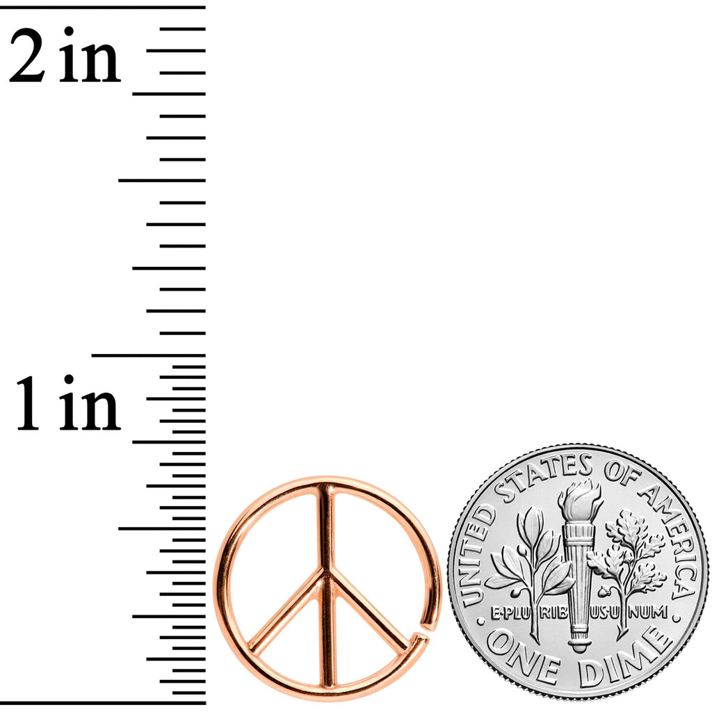 BodyCandy 16G 1/4 Rose Gold Tone Retro Peace Sign Closure Ring — detail close-up