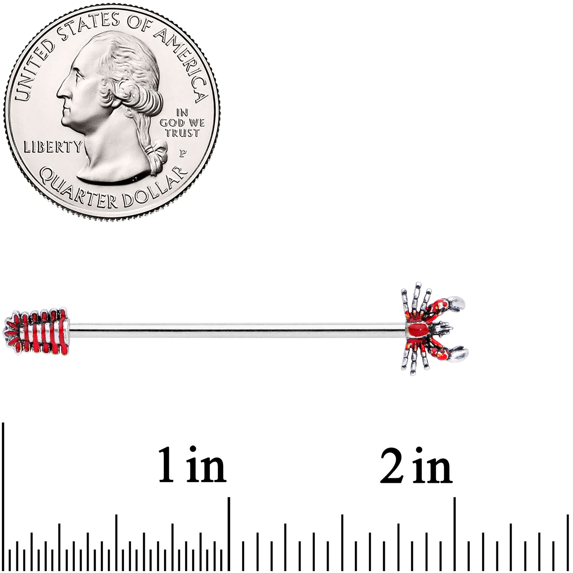 BodyCandy 14G Stainless Steel Red Nautical Lobster Industrial Barbell 38mm — detail close-up