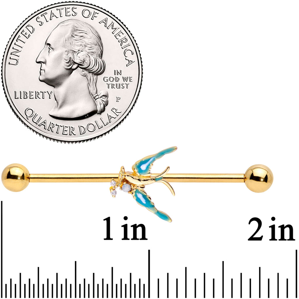 BodyCandy 14G Clear CZ Gem Gold Tone Swallow Bird Industrial Barbell 38mm — detail close-up