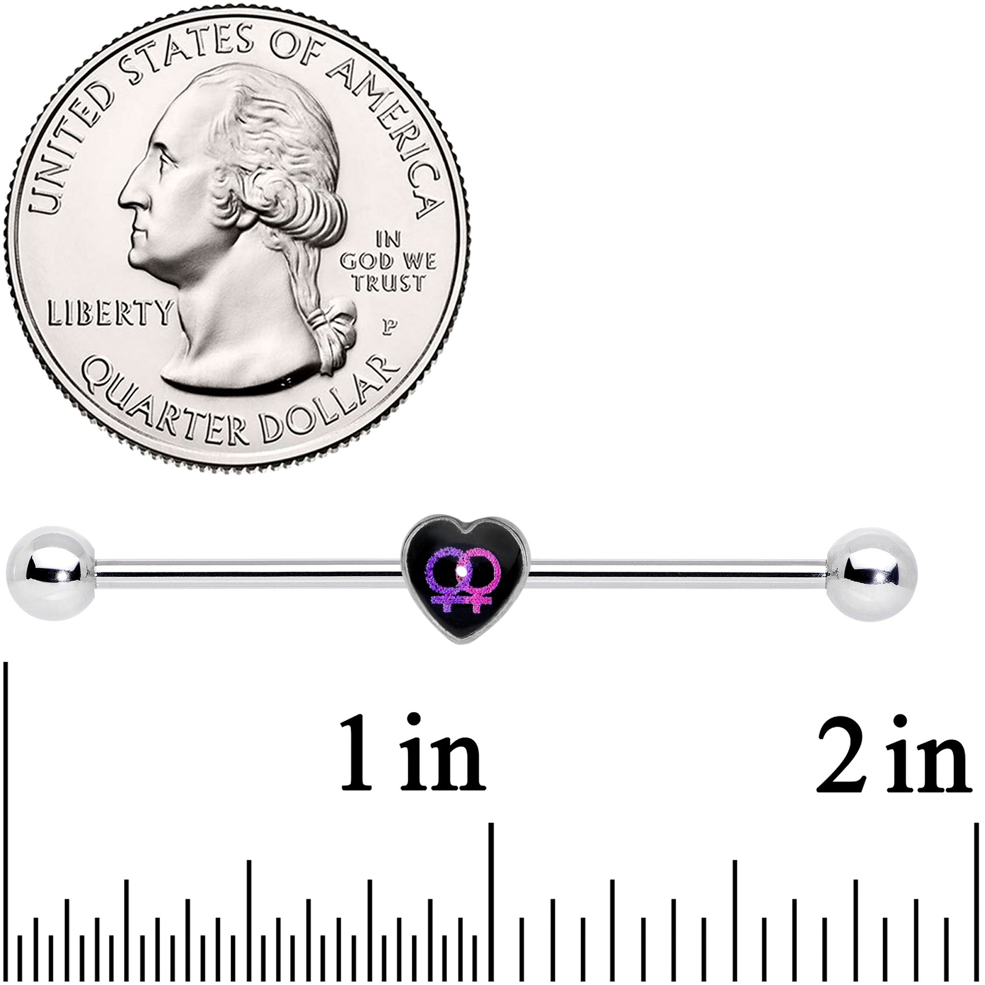 BodyCandy 14G Lesbian Love Heart Industrial Barbell 38mm — detail close-up