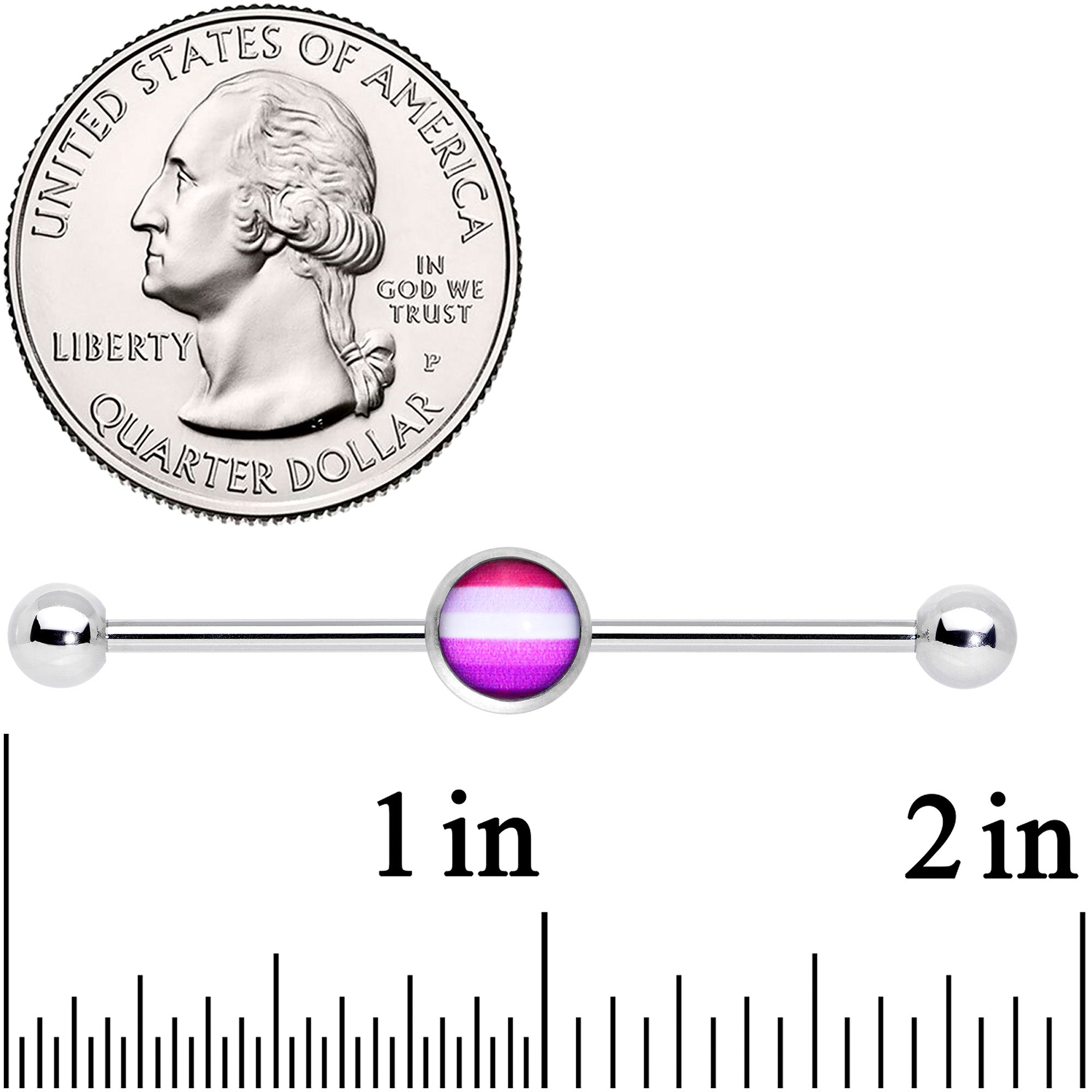 BodyCandy 14G Pink Red White Lesbian Pride Flag Industrial Barbell 38mm — detail close-up