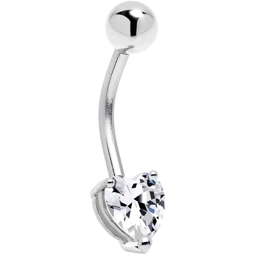 BodyCandy 16G Solid 14K White Gold Cubic Zirconia Heart Solitaire Belly Ring — detail close-up