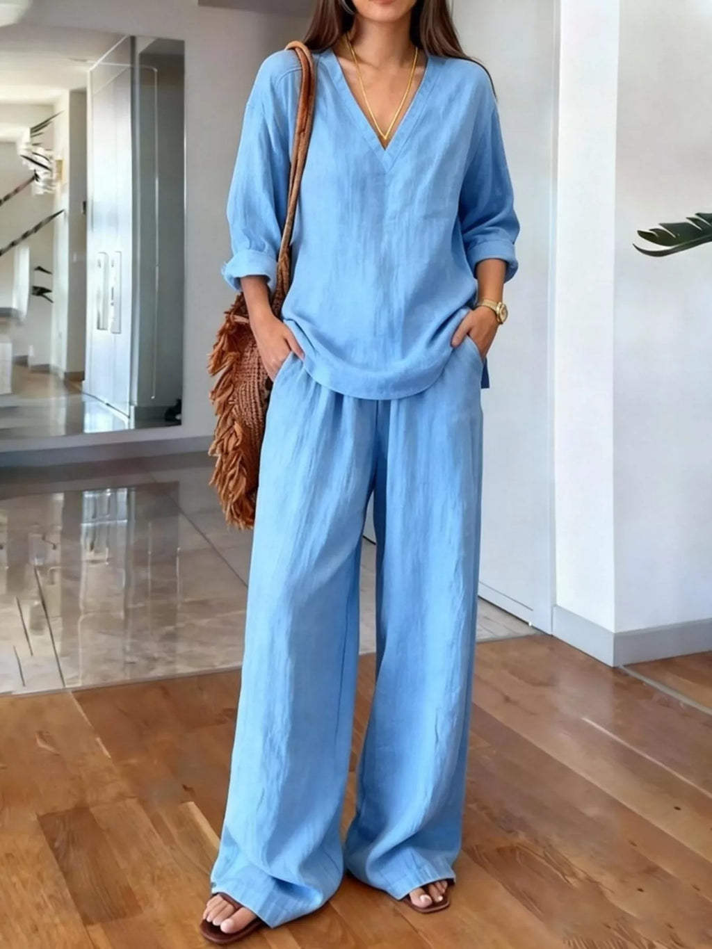 V-Neck Top and Wide-Leg Pants Set