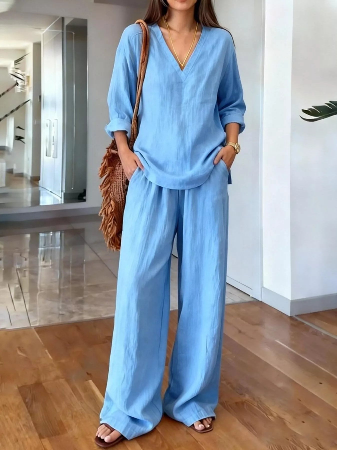 V-Neck Top and Wide-Leg Pants Set