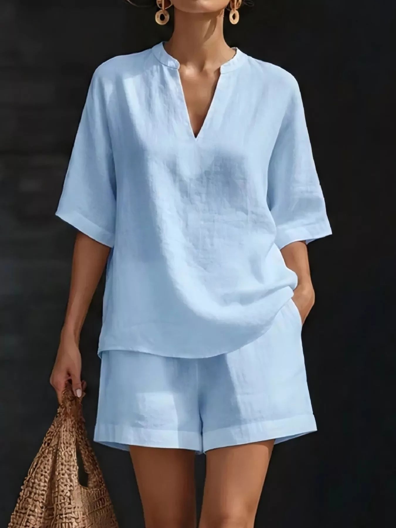 Full Size Notched Half Sleeve Top and Shorts Set Plus Size