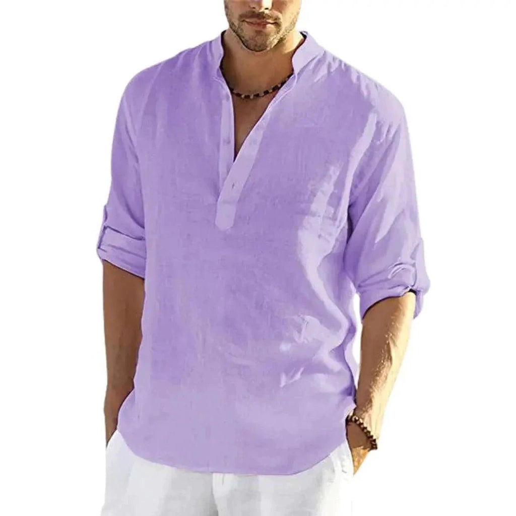 Men's Casual Cotton Linen Solid Color Long Sleeve Shirt Loose Stand Collar