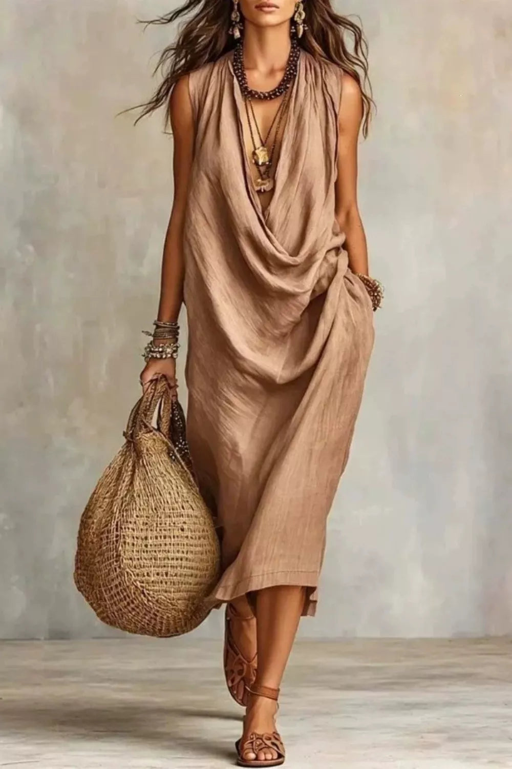 Sleeveless Drape Neck Midi Dress