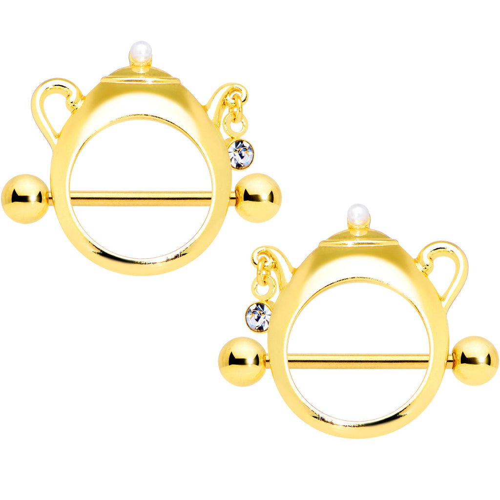 BodyCandy 14G 5/8 Clear Gem Gold Tone Teapot Nipple Shield Set — main product shot