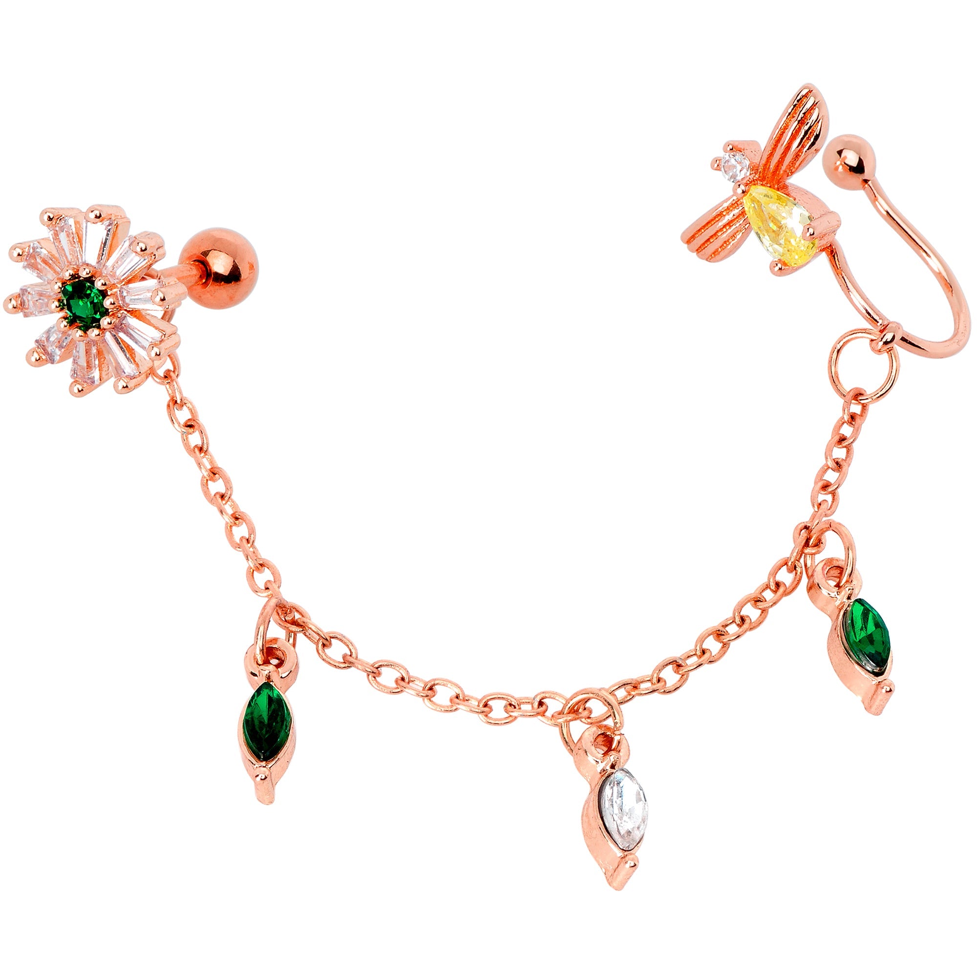 BodyCandy 16G 1/4 Green Gem Rose Gold Hue Angel Cuff Chain Right Cartilage — main product shot