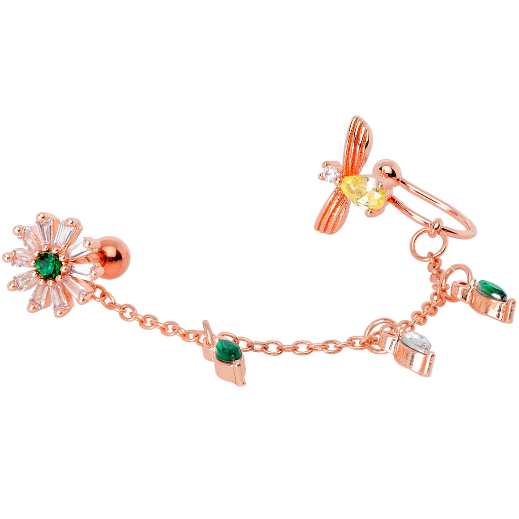 BodyCandy 16G 1/4 Green Gem Rose Gold Hue Angel Cuff Chain Right Cartilage — detail close-up