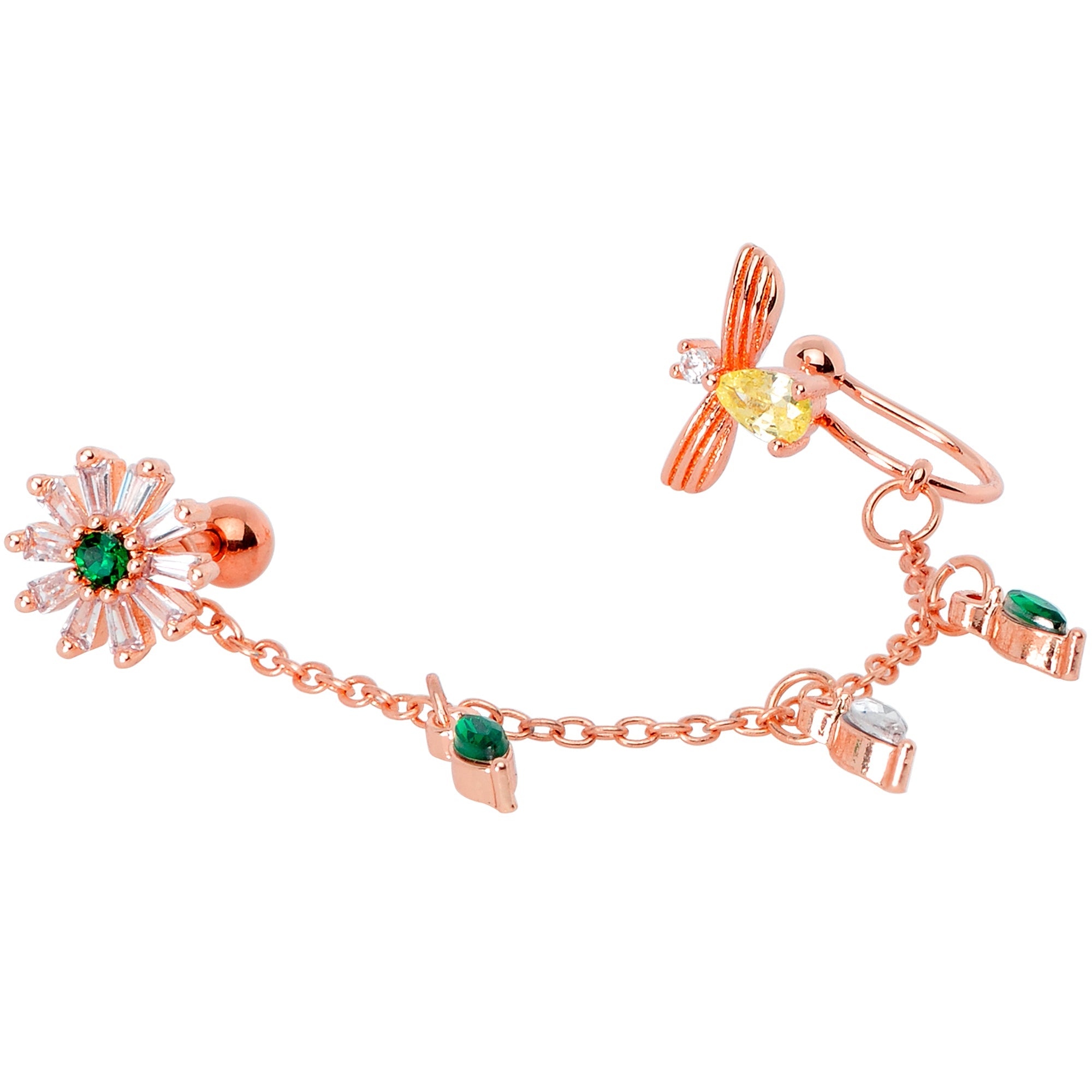 BodyCandy 16G 1/4 Green Gem Rose Gold Hue Angel Cuff Chain Right Cartilage — detail close-up