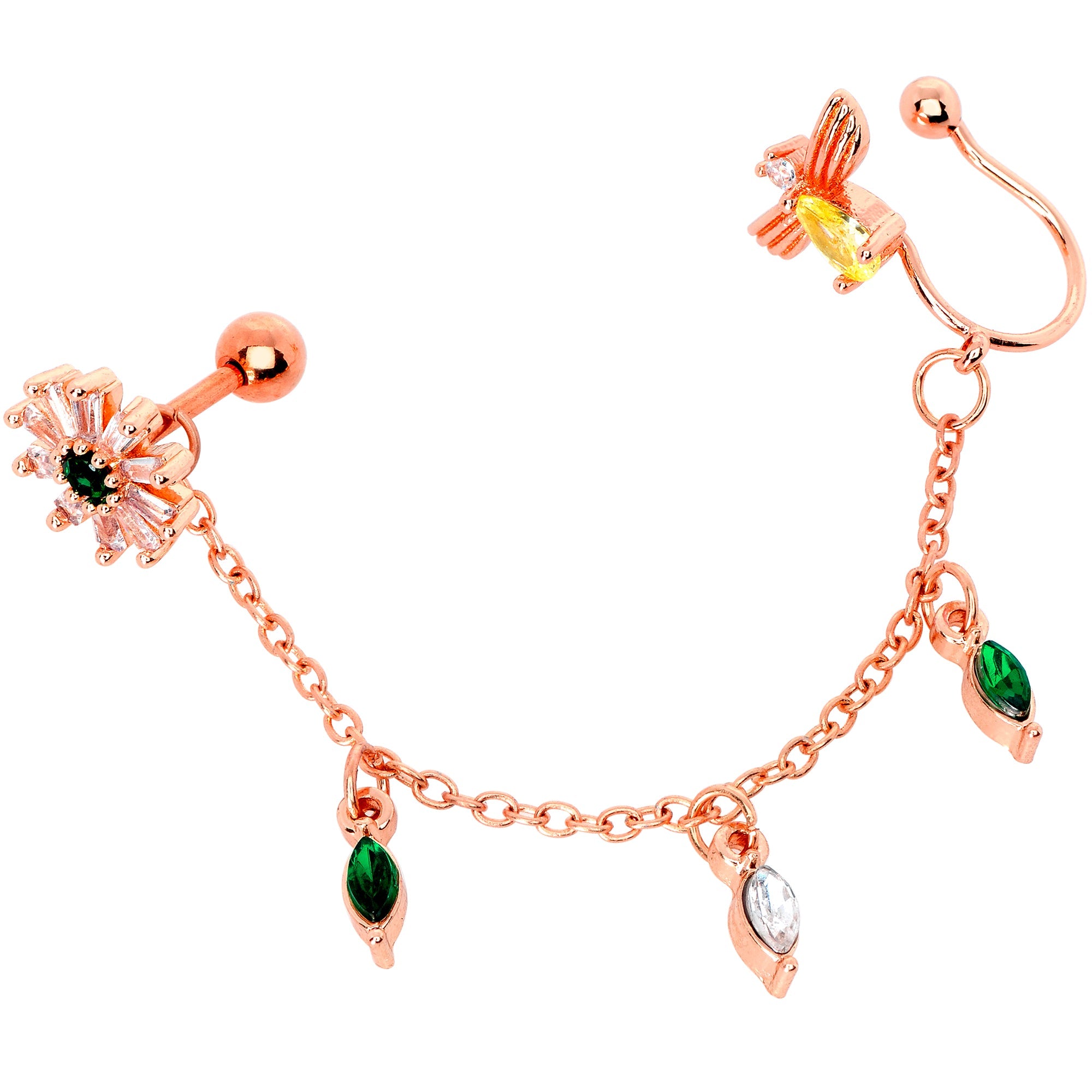 BodyCandy 16G 1/4 Green Gem Rose Gold Hue Angel Cuff Chain Right Cartilage — lifestyle context