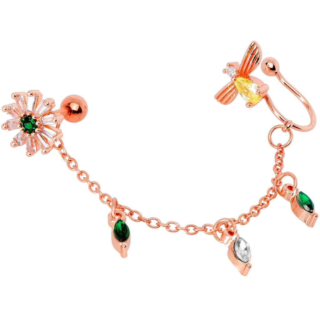 BodyCandy 16G 1/4 Green Gem Rose Gold Hue Angel Cuff Chain Right Cartilage — side view