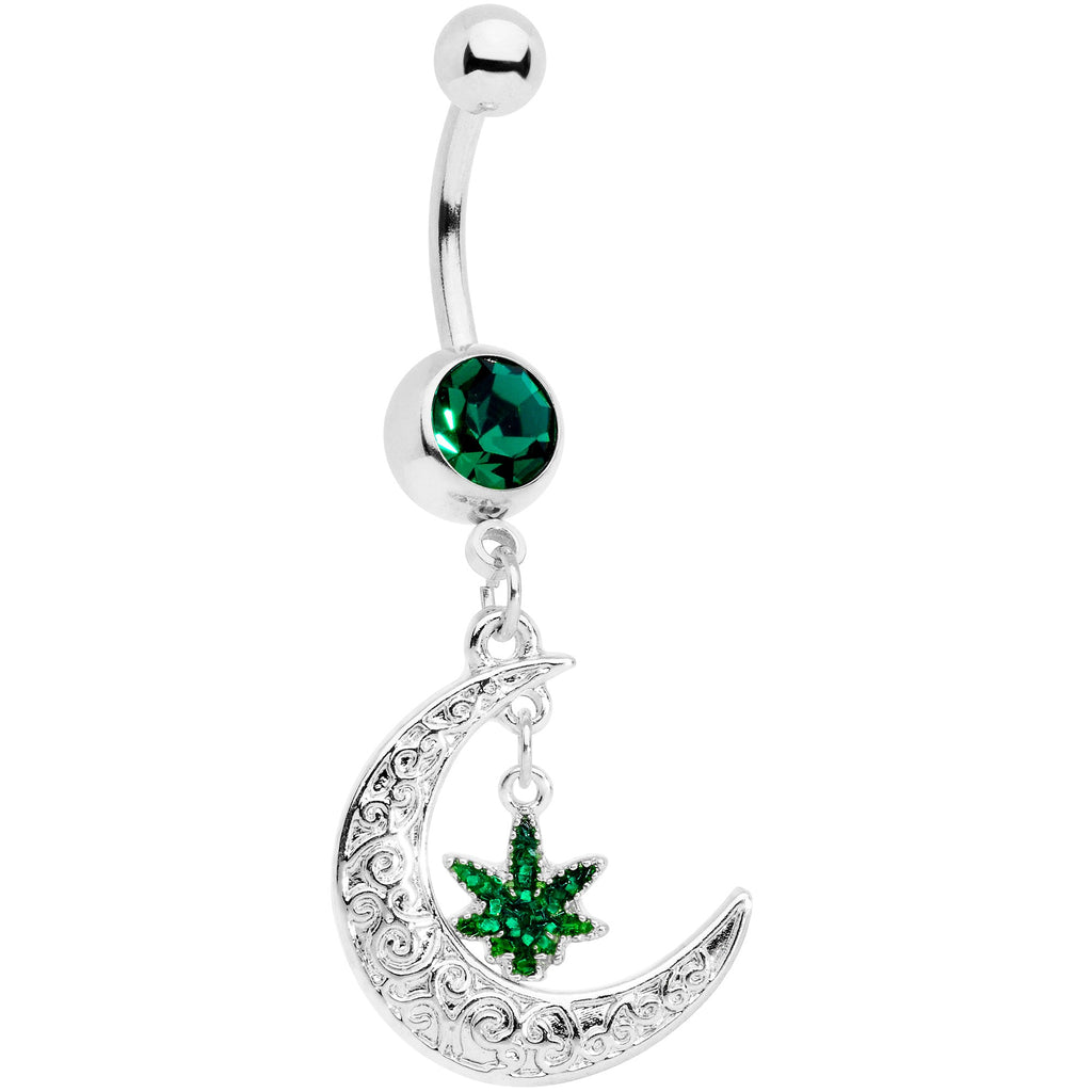 BodyCandy Green Gem Marijuana Pot Leaf Moon Dangle Belly Ring — main product shot
