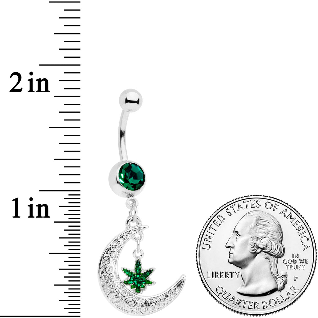 BodyCandy Green Gem Marijuana Pot Leaf Moon Dangle Belly Ring — detail close-up