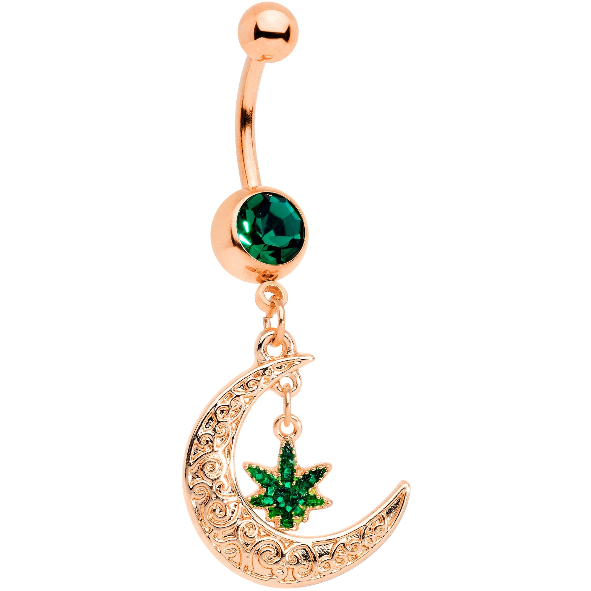 BodyCandy Green Gem Rose Gold Tone Marijuana Pot Leaf Moon Dangle Belly Ring — main product shot