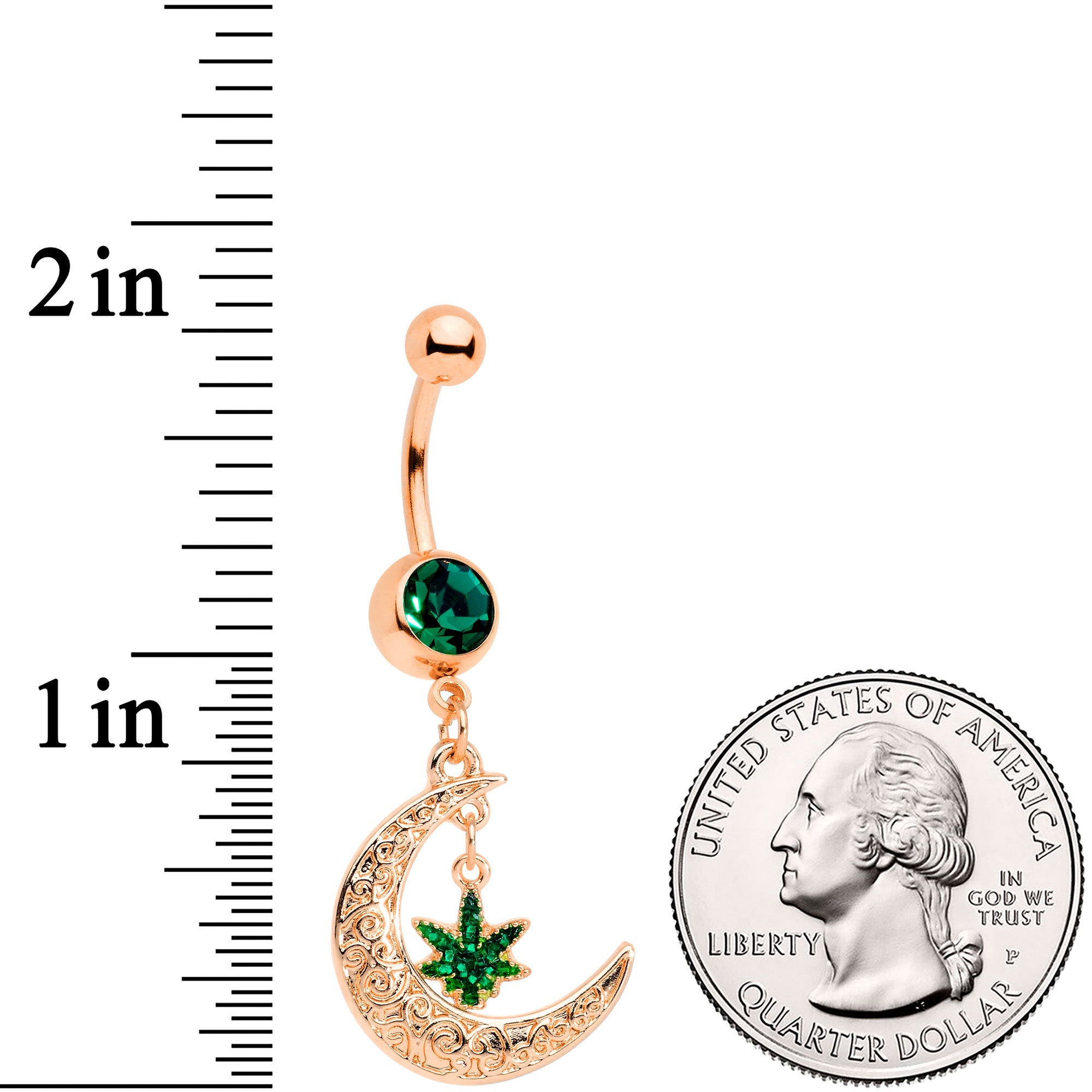 BodyCandy Green Gem Rose Gold Tone Marijuana Pot Leaf Moon Dangle Belly Ring — detail close-up