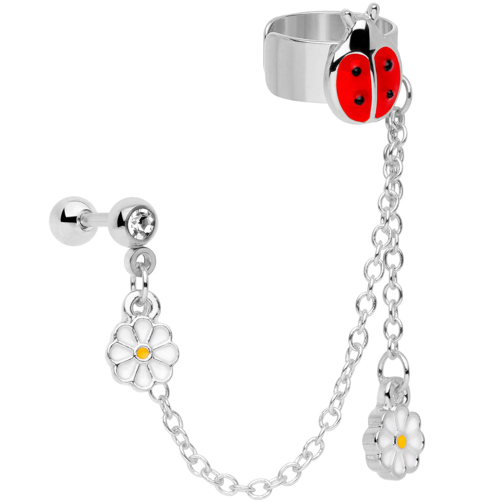 BodyCandy 16G 1/4 Clear Gem Ladybug Flower Left Cuff Chain Cartilage Ring — main product shot