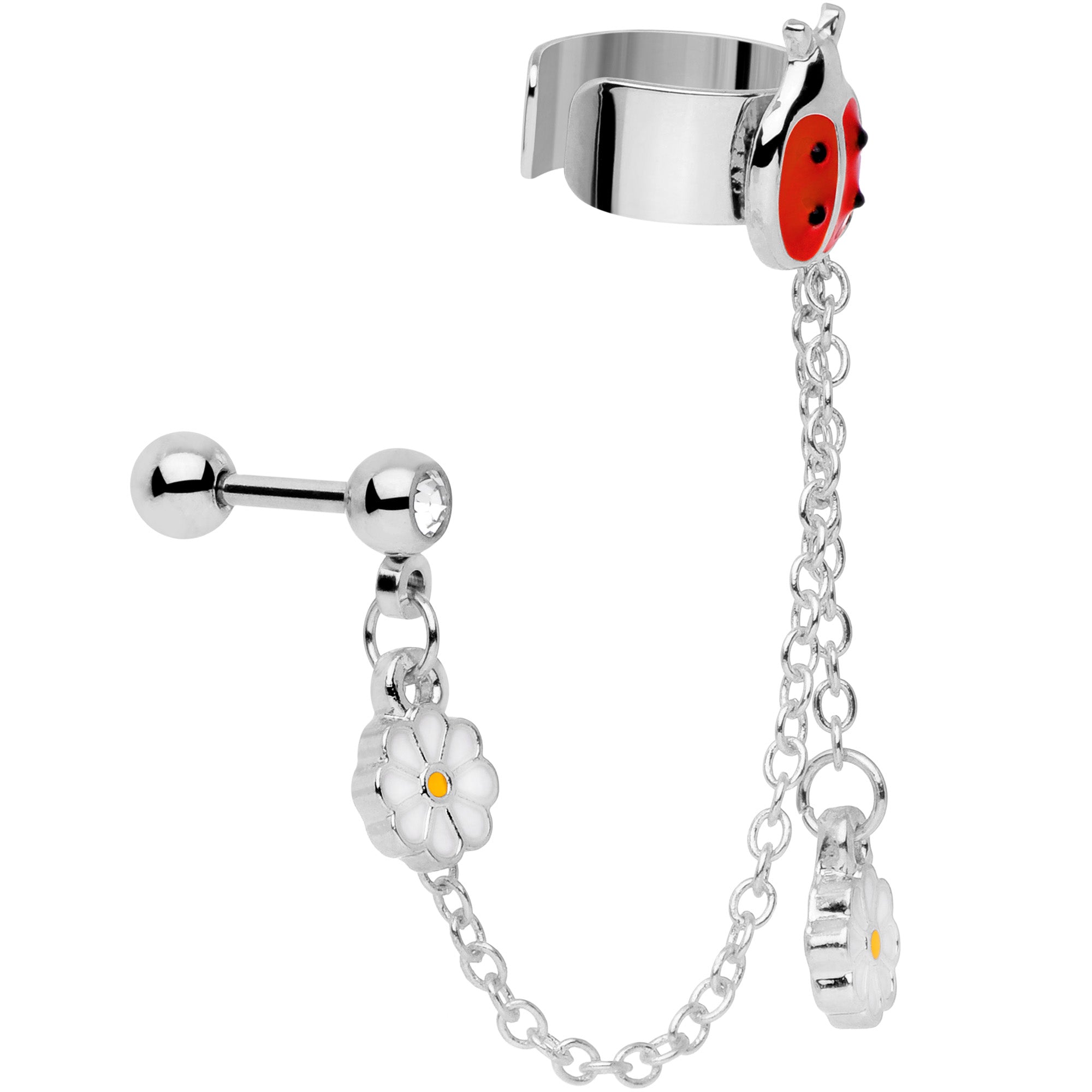 BodyCandy 16G 1/4 Clear Gem Ladybug Flower Left Cuff Chain Cartilage Ring — detail close-up