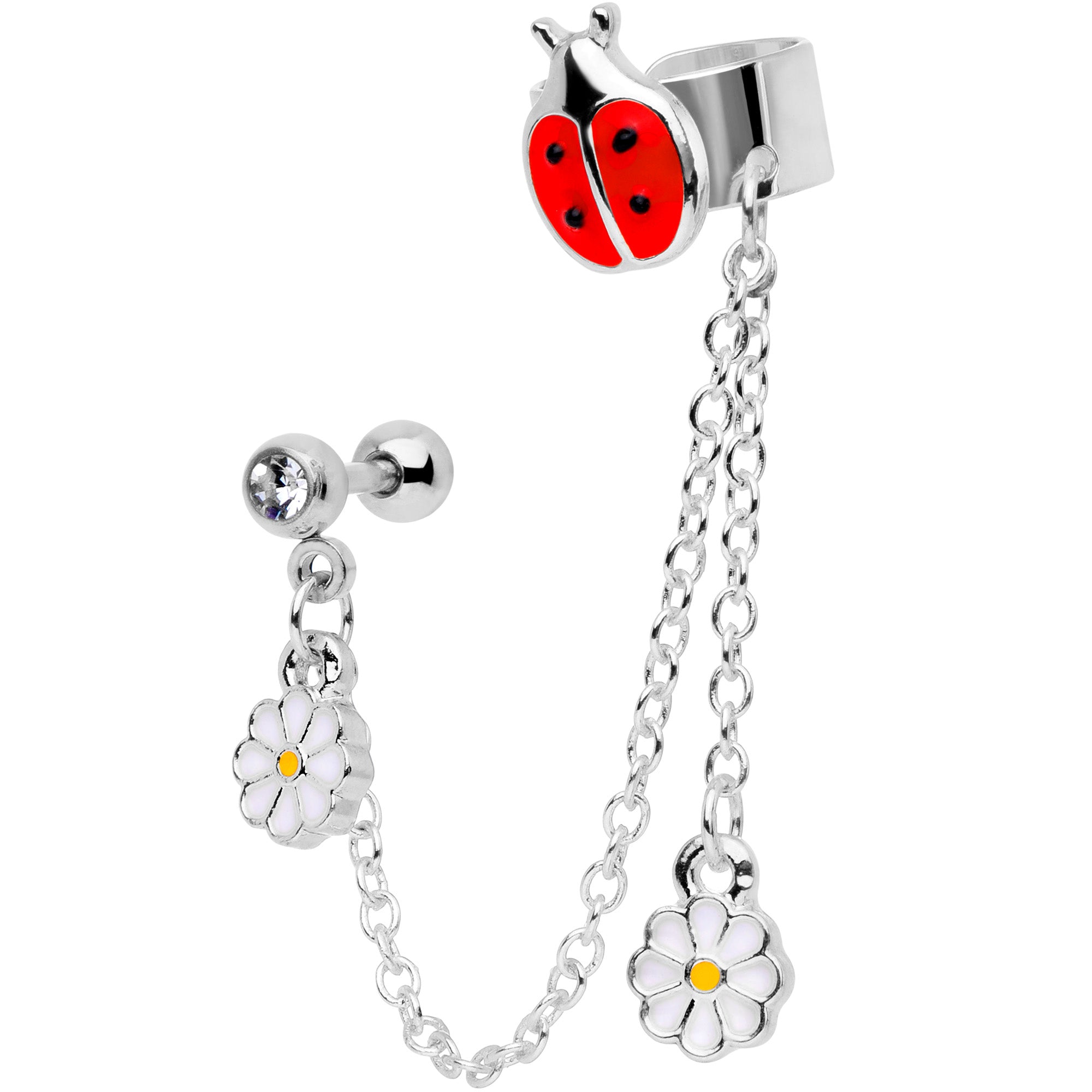 BodyCandy 16G 1/4 Clear Gem Ladybug Flower Left Cuff Chain Cartilage Ring — lifestyle context