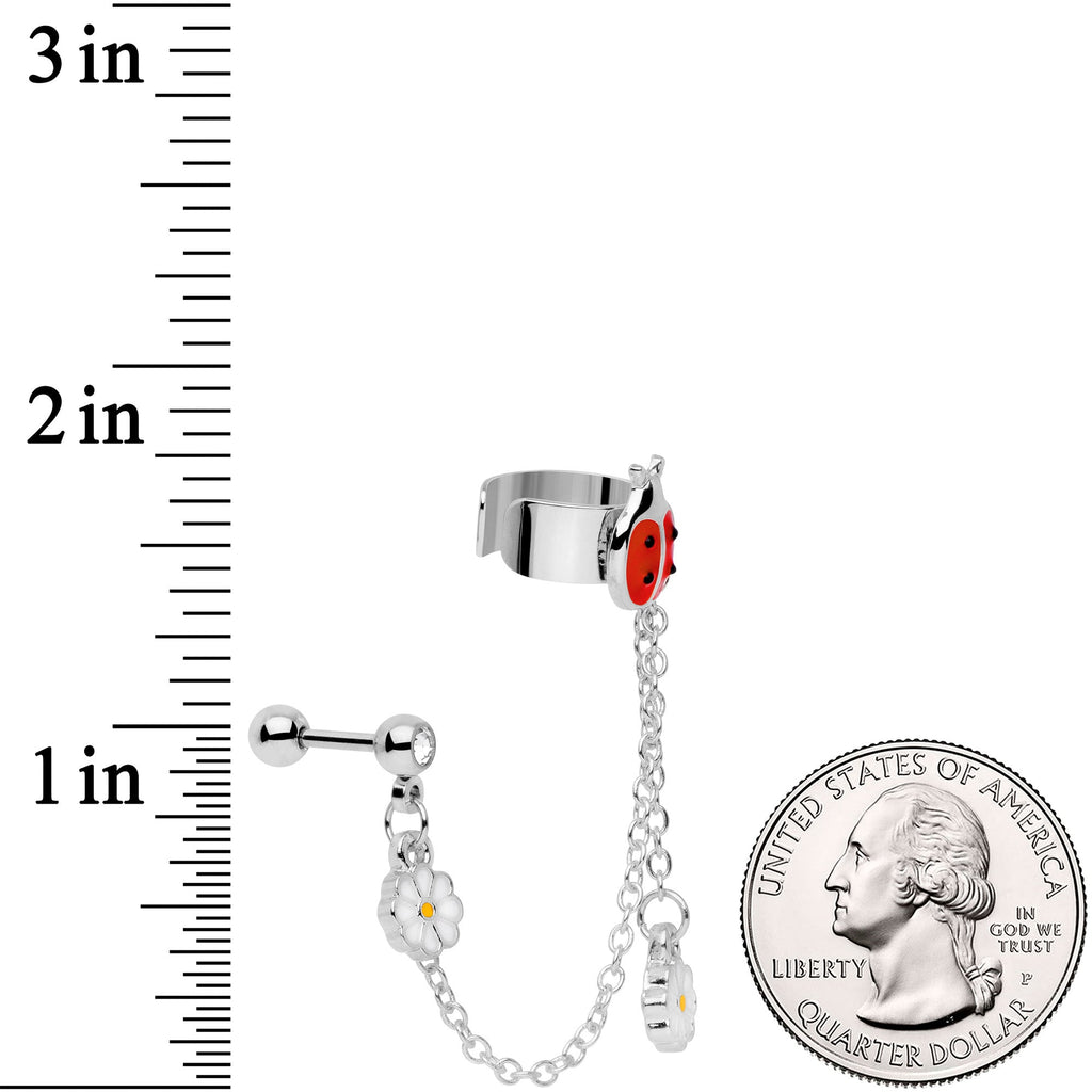 BodyCandy 16G 1/4 Clear Gem Ladybug Flower Left Cuff Chain Cartilage Ring — side view