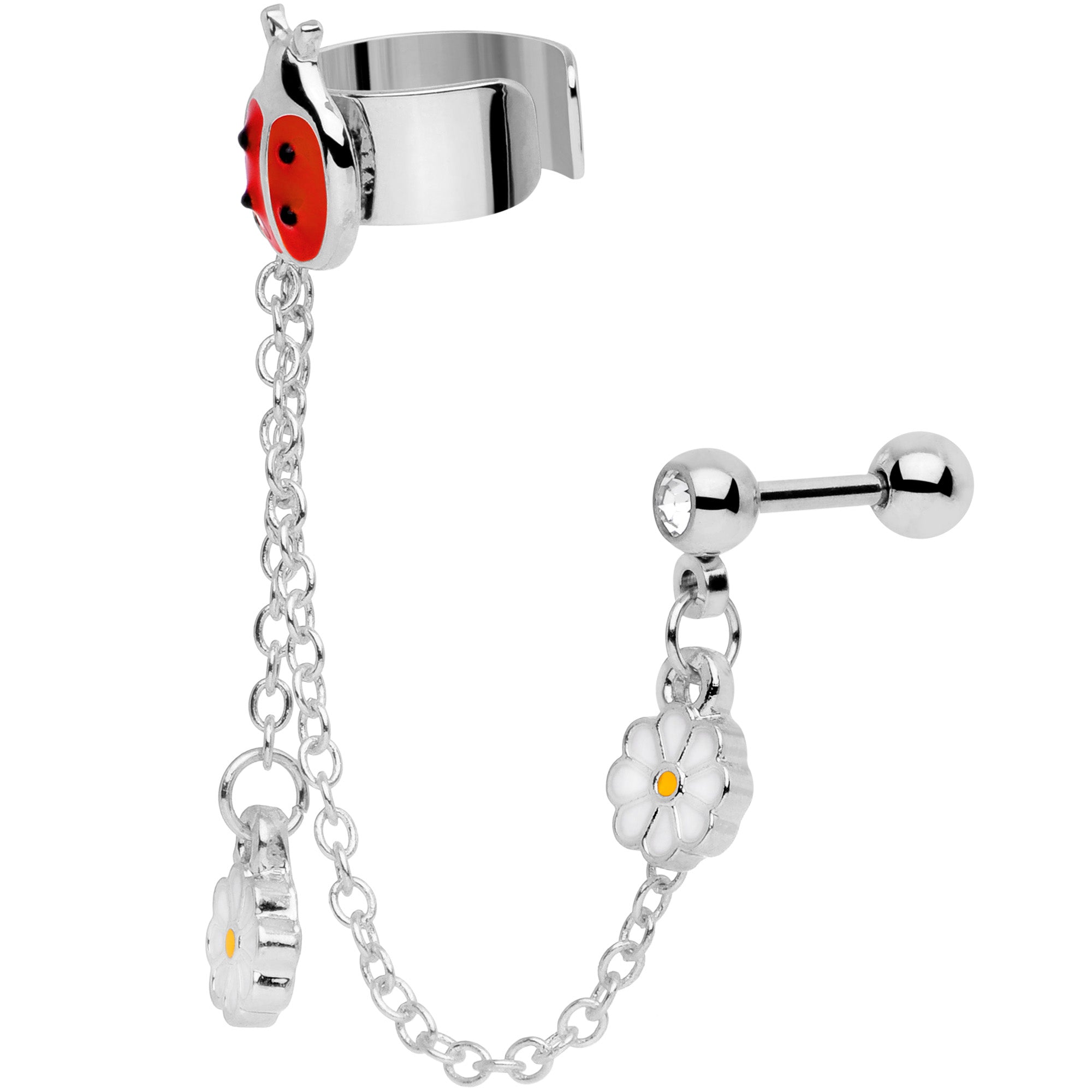 BodyCandy 16G 1/4 Clear Gem Ladybug Flower Right Cuff Chain Cartilage Ring — detail close-up