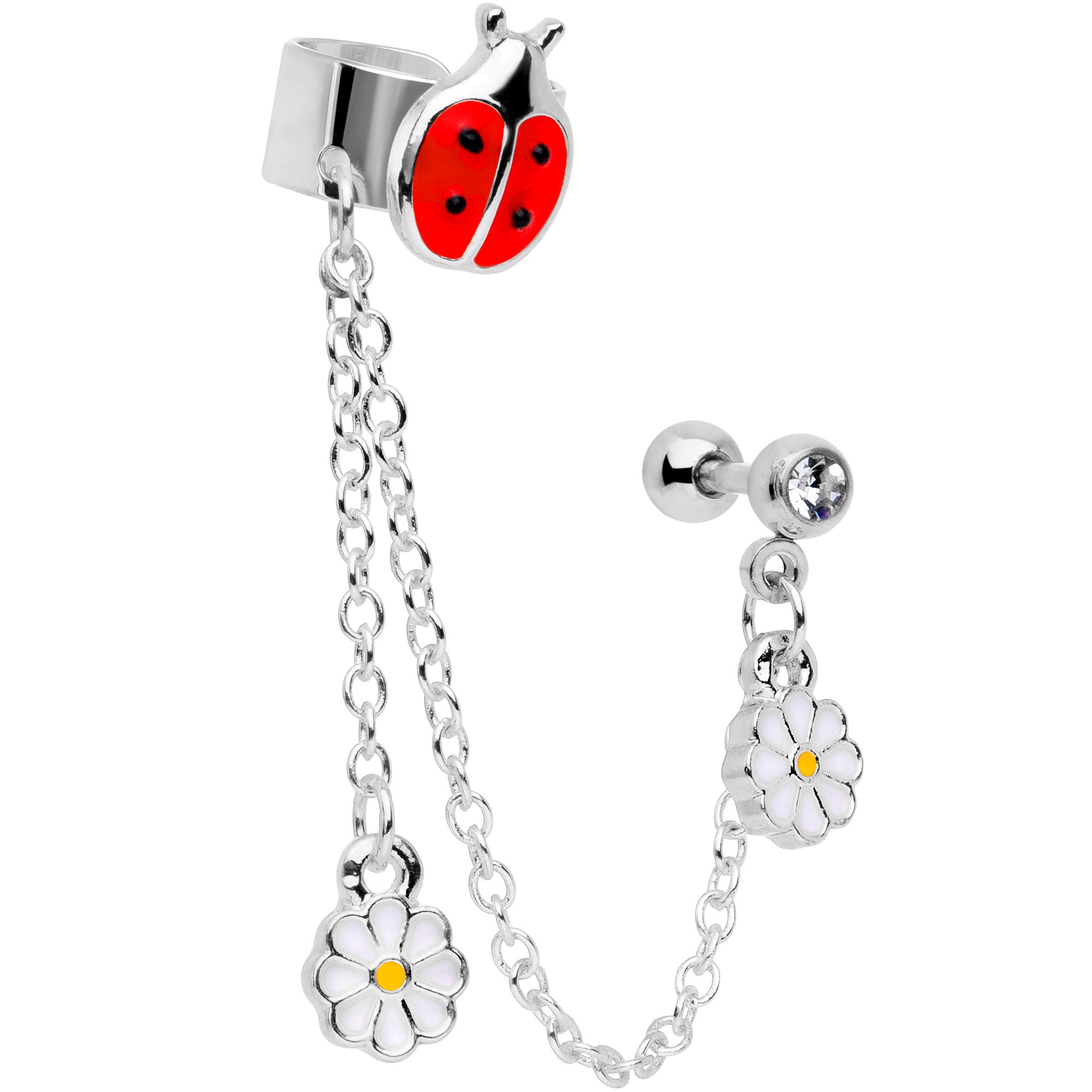 BodyCandy 16G 1/4 Clear Gem Ladybug Flower Right Cuff Chain Cartilage Ring — lifestyle context