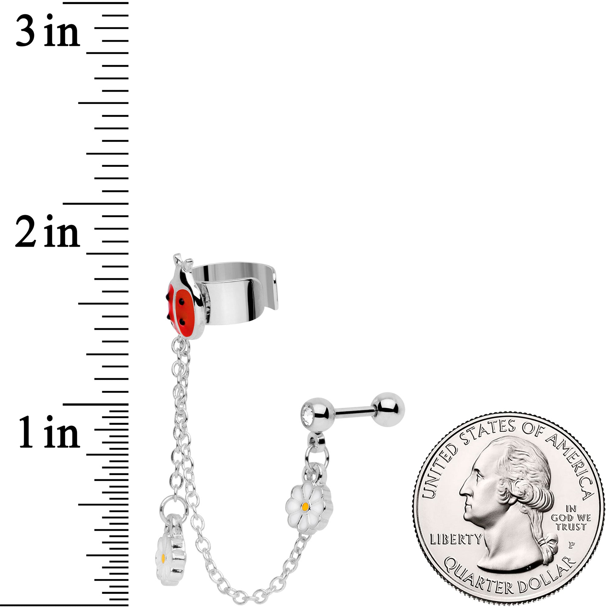 BodyCandy 16G 1/4 Clear Gem Ladybug Flower Right Cuff Chain Cartilage Ring — side view