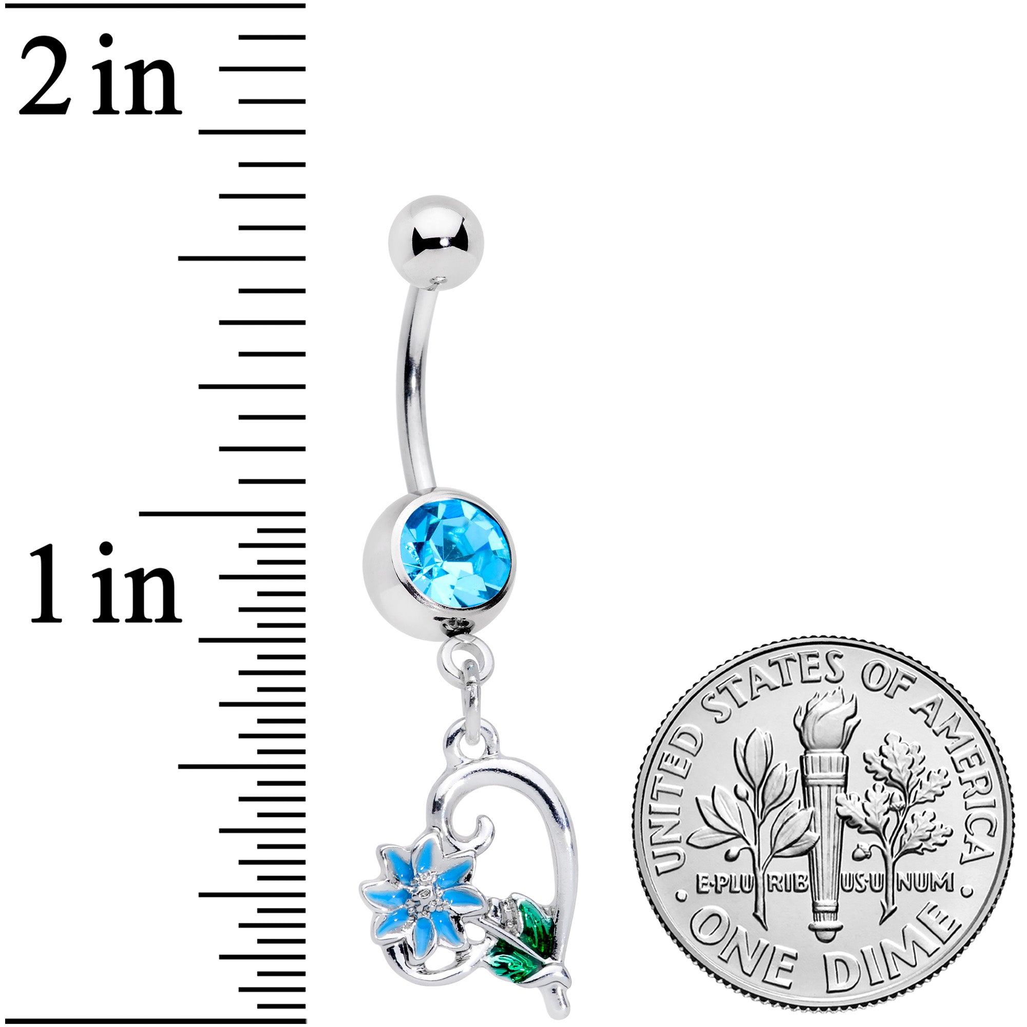 BodyCandy Aqua Gem Sweet Flower Heart Dangle Belly Ring — detail close-up