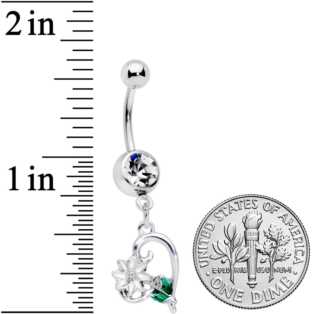 BodyCandy Clear Gem Sweet Flower Heart Dangle Belly Ring — detail close-up
