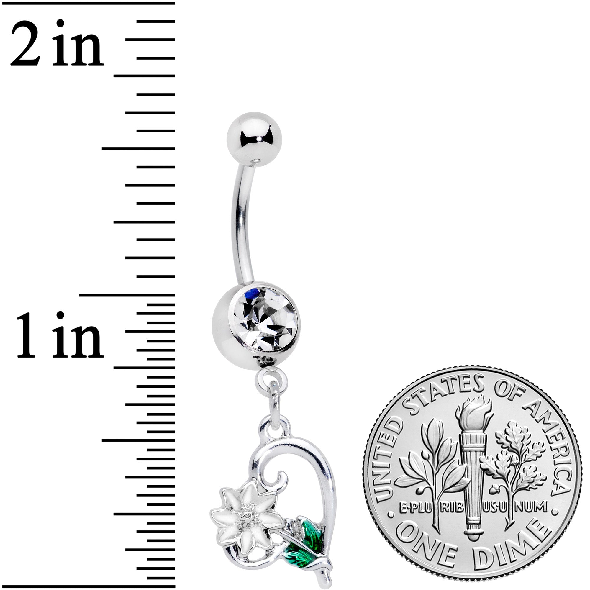 BodyCandy Clear Gem Sweet Flower Heart Dangle Belly Ring — detail close-up