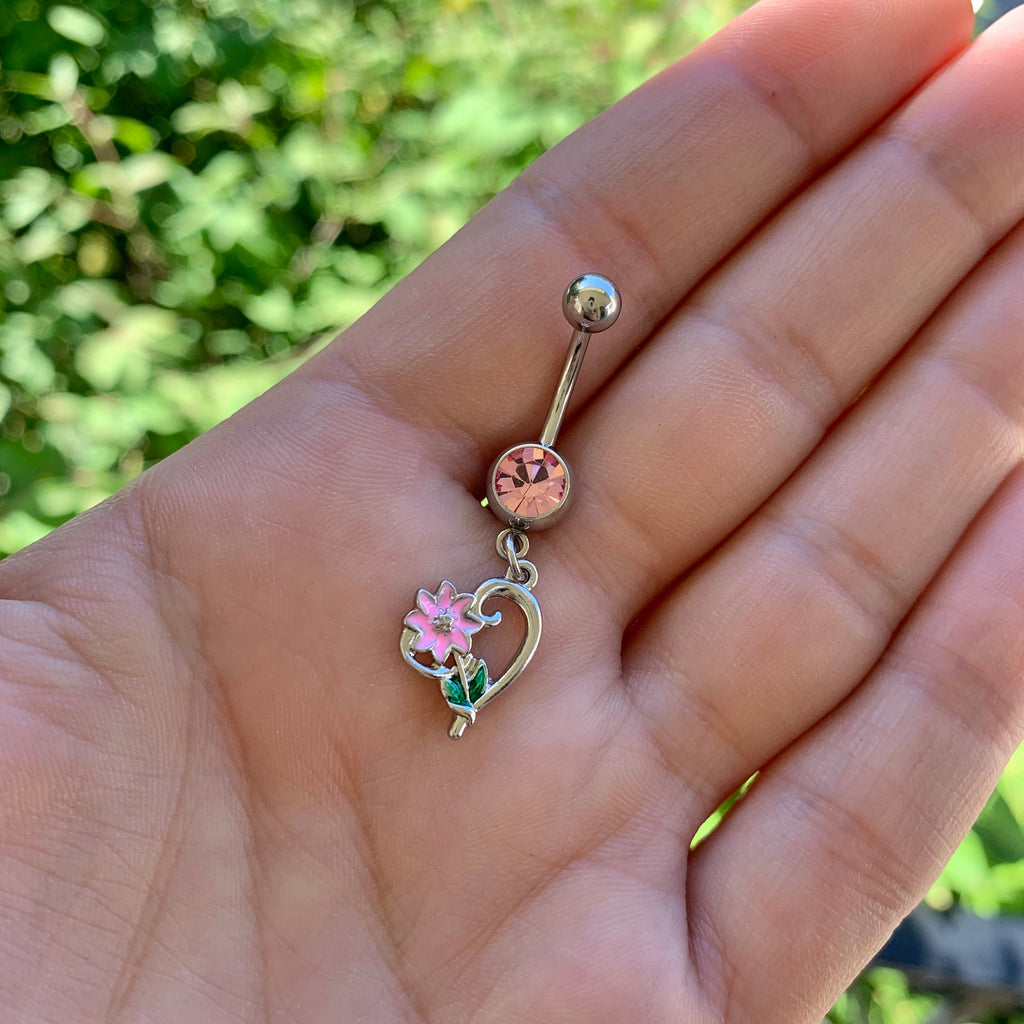 BodyCandy Pink Gem Sweet Flower Heart Dangle Belly Ring — detail close-up