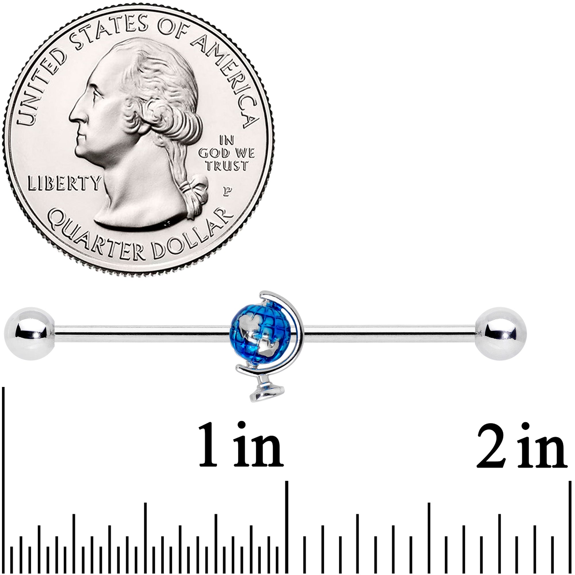 BodyCandy 14G Globe Earth Industrial Barbell 38mm — detail close-up