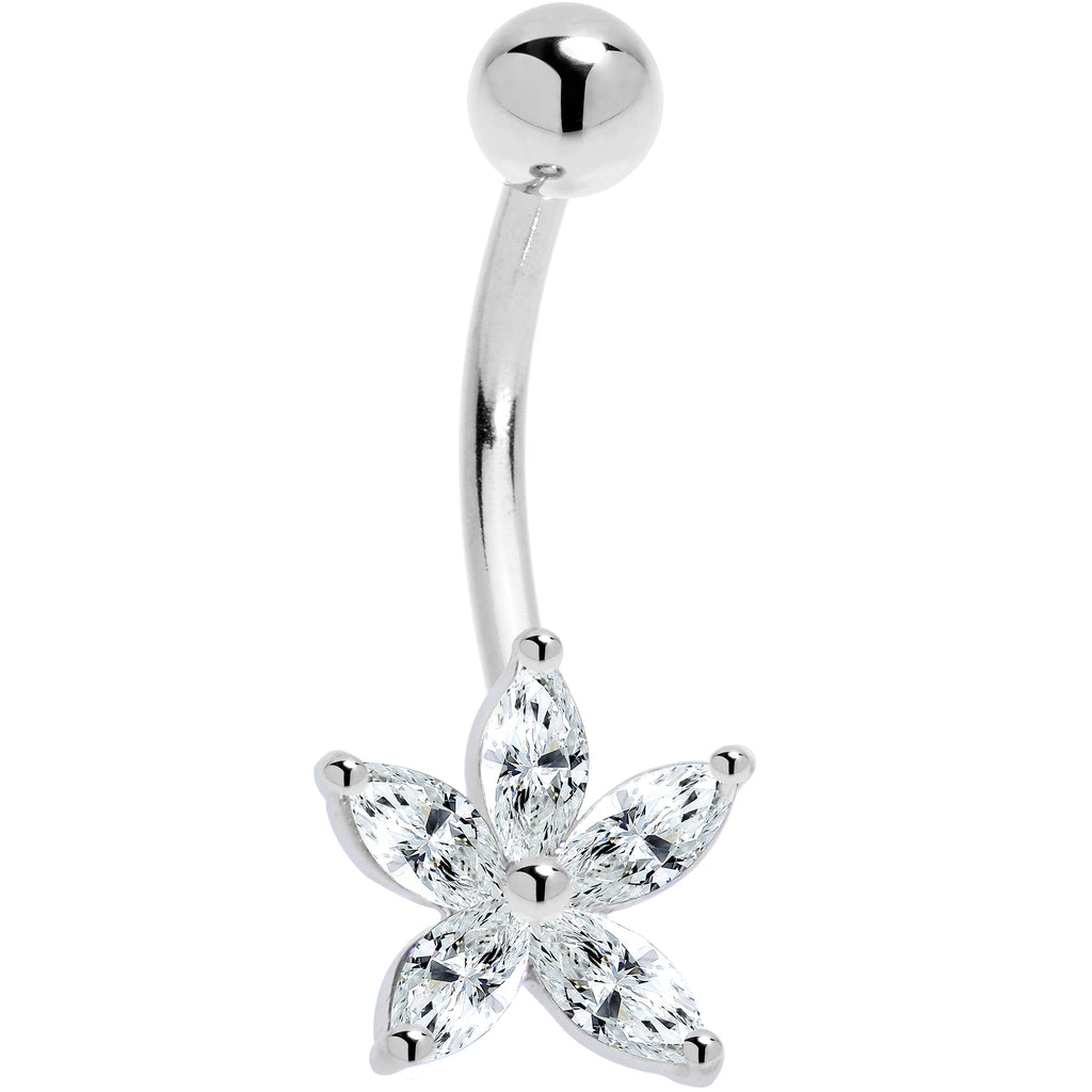 BodyCandy 16G Solid 14K White Gold Cubic Zirconia LILY Belly Ring — detail close-up