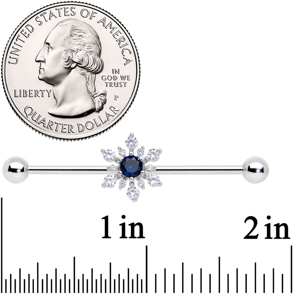 BodyCandy 14G Clear Blue CZ Gem Snowflake Christmas Industrial Barbell 38mm — detail close-up