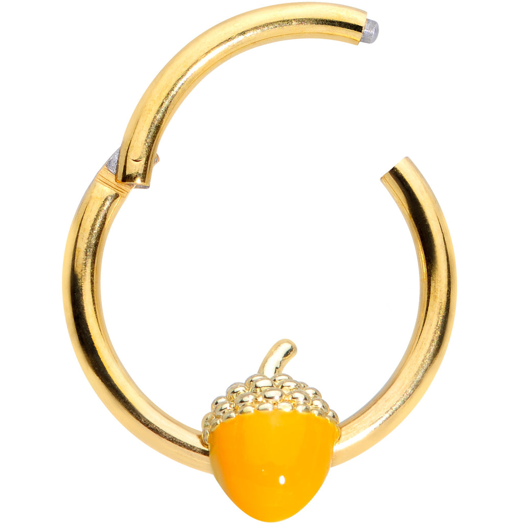 BodyCandy 16G 3/8 Gold Tone Orange Acorn Hinged Segment Ring — detail close-up